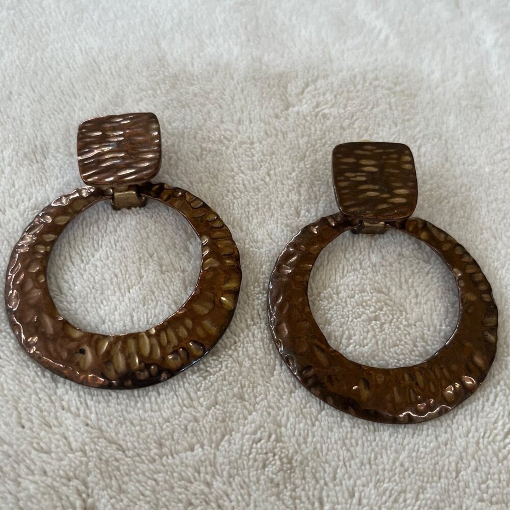 Vintage Hammered Copper Clip On Earrings Textured Geometric Hoop Statement Drop
